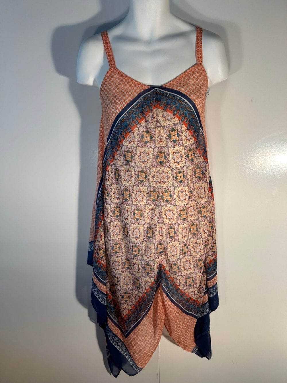 Luxology SZ 12 Flowy Orange & Blue Boho Print Dress Resort Festival Chic Travel